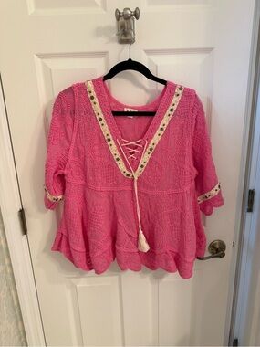 POL Pink Crochet Lace-Up Boho Blouse with Tassel NWOT